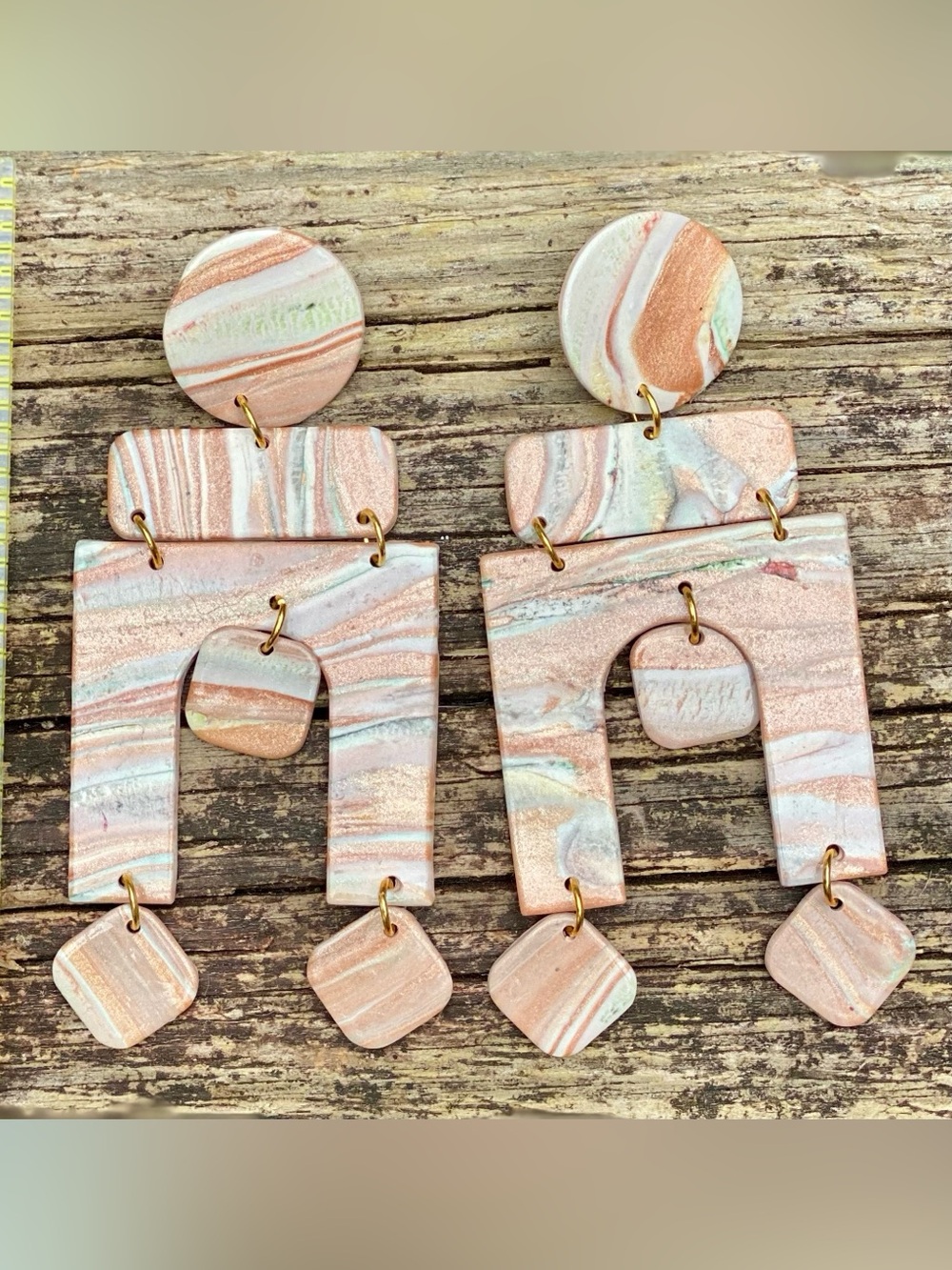 Handcrafted Marble-Pattern Rose Gold & Mint Dangle Earrings